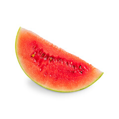 Single slice of red juicy pulpy watermelon cultivated fruit with seeds isolated on white background eaten raw as refreshing dessert, diced in mixed salads, or as fresh juice and cocktail ingredient