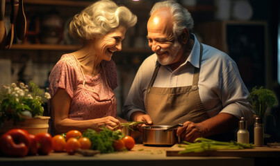 Elderly Couple Cooking Together and Having Fun