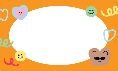 Illustration of cute rectangle frame with Teddy bear, heart, smiling face for banner, background, wallpaper, backdrop, postcard, poster, social media post, ad template, print, sticky note, package