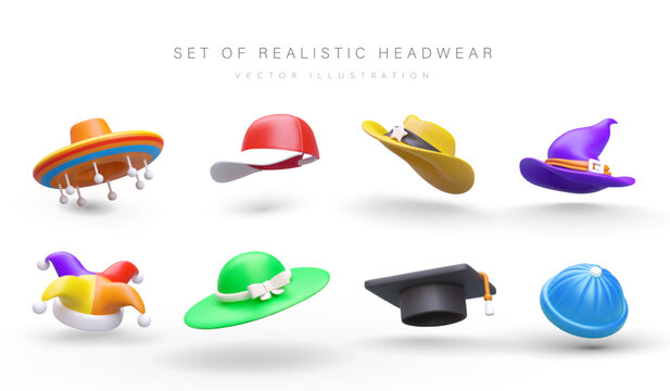 Set of realistic headwear. Daily, festive, masquerade accessories. Sombrero, cap, master hat, beanie. Clown, witch, sheriff hat. 3D images on white background. Isolated icons for bright web design