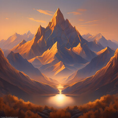 Mountain Sunset Serenity(Create an AI-generated artwork that captures the tranquil beauty of mountains during an evening sunset. Let the warm hues of the setting sun bathe the rugged peaks in a soft)