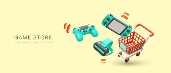 Game store. Accessories for computer games, online competitions. Virtual entertainment, video games, digital simulators. New technologies. Horizontal poster in cartoon style, 3D illustration