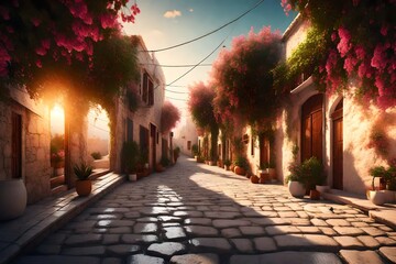 Wide angle shot of narrow streets at sunrise in Bodrum, Mugla, Turkey. Tourism and leisure concept 3d rendering