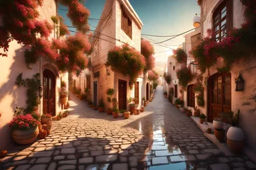 Fotobehang Wide angle shot of narrow streets at sunrise in Bodrum, Mugla, Turkey. Tourism and leisure concept 3d rendering © Ahtesham
