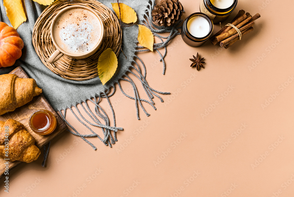 Poster autumn background with pumpkin spice latte coffee