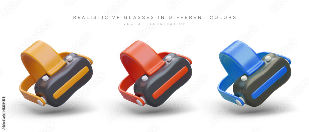 Poster set of glasses for vr. devices of different colors. 3d illustration on white background. gadget for 