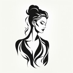 Very Simple Portrait of a beautiful young woman with a fashion hairstyle sketch, illustration. Easy black and white watercolor and silhouette of a young girl. Close-up face clip art of a female model.