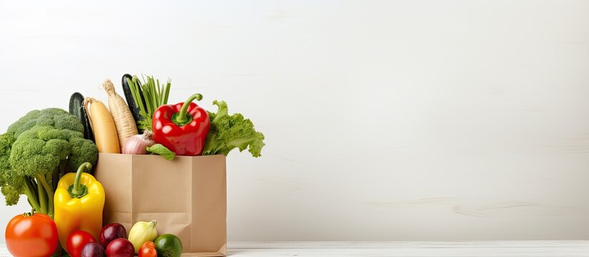 A background image depicting healthy vegan and vegetarian food packed in a paper bag with vegetables and fruits on a white surface. represents shopping for healthy food at a supermarket and promoting