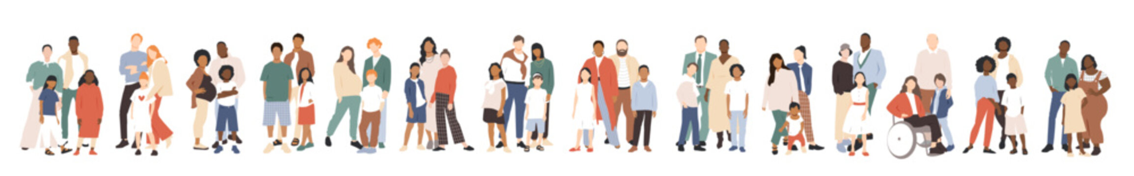 Multicultural group of mothers and fathers with kids. Flat vector illustration.