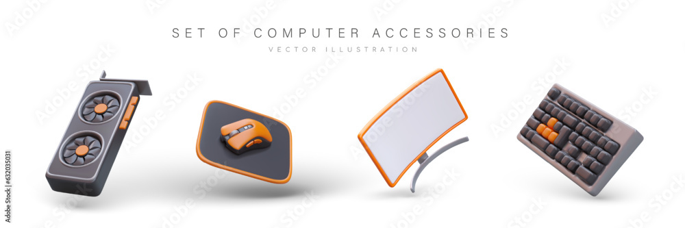 Poster set of computer accessories. realistic video card, mouse with pad, curved monitor on stand, keyboard