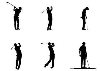 people playing golf in various poses isolated vector silhouette on white background