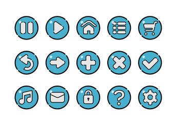 a collection of icons with symbols for a web design. Set of buttons for games, applications and websites. Cute cartoon buttons design. Isolated vector.