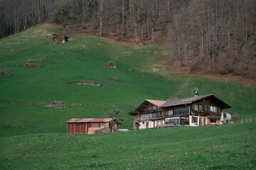 Grindelwald, Switzerland village and mountain Swiss Alps view panorama landscape, wooden chalets on...