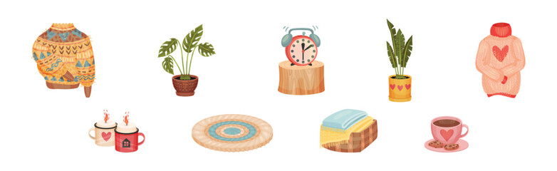 Sweater, Houseplant in Pot, Candle, Blanket and Clock as Hygge and Coziness Symbol Vector Set