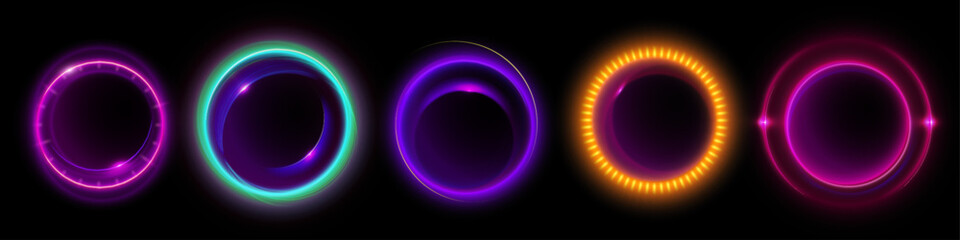 Halo flare light with neon circular glow 3d vector set. Ring speed sphere portal with abstract energy line shine. Isolated placeholder frame in purple and pink collection. Vibrant edm optical ball