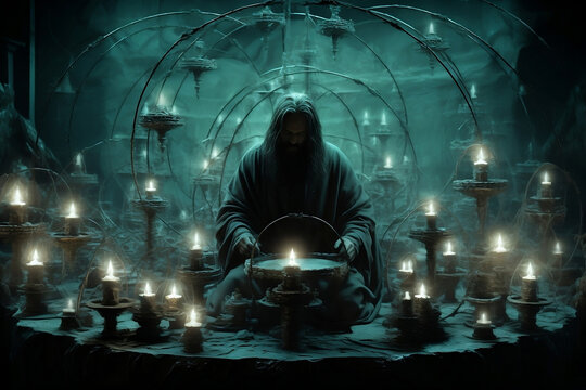 A Wizard Surrounded by Candles Performing a Ritual