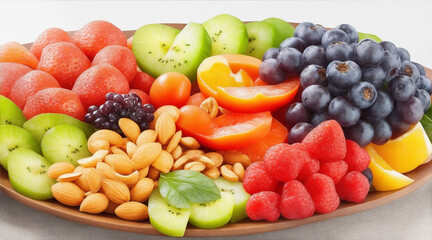 Fototapeta na wymiar Platter of fresh fruits vegetables and nuts. Generative AI.
