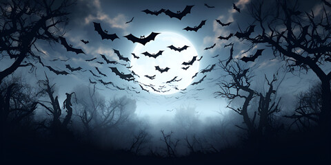 Halloween night background. Scary cemetery and full moon  Spooky and scary night image.