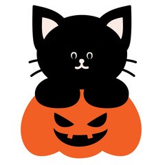 Illustration of black cat and pumpkin png for Halloween elements, animal, costume, cartoon character, comic, mascot, pet, vet, cute patches, shirt print, brooch, sticker, scary, spooky, trick or treat