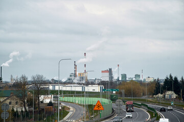 a view of a city from a highway. industrial landscape.