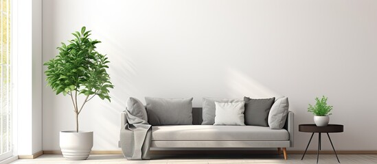 Fototapeta na wymiar A simple and cozy home with a minimalistic interior. It features a gray sofa adorned with colorful pillows, a table adorned with green plants, and white curtains on the window. The living room has