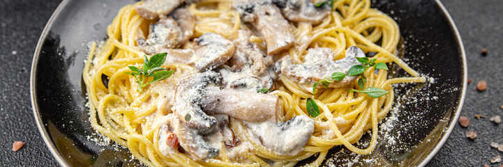 mushroom pasta spaghetti champignon second course vegetable food meal snack on the table copy space food background rustic top view