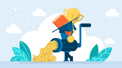 The concept of realization of knowledge, education. Achievement Award. Achieve rewards for seeking educational financial support. Graduation cap, diploma. Education scholarship. Vector illustration