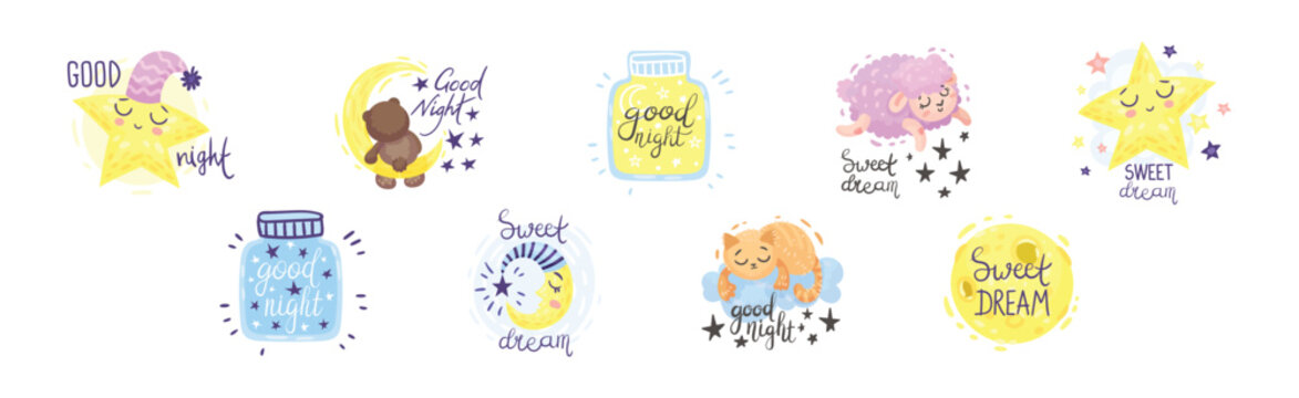 Cute Pictures with Good Night Inscription for Nursery Vector Set