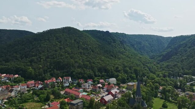 Aerial drone view of Harz Mountain in thale , Saxony-Anhalt , Germany