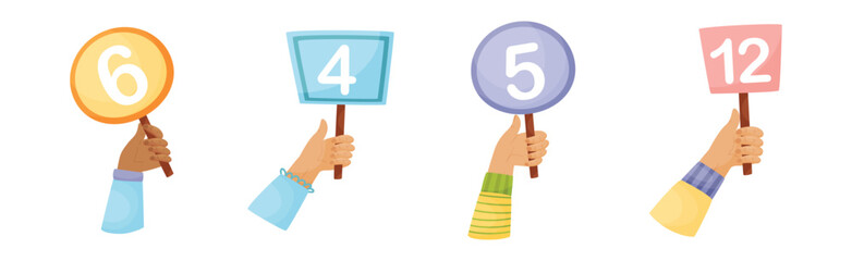 Human Hands of Different Skin Color Holding Score Tables Vector Set