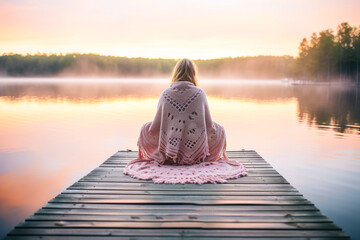 Serene woman in chunky knit blanket on an old dock, feet dipped in calm lake under morning sunrise. Pastel-toned tranquility. Generative AI