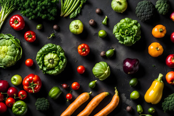 Vegetables and fruits on a black concrete background