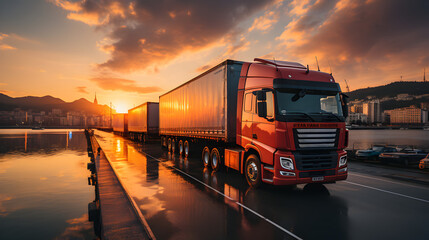 Modern System transportation and logistic import export and transport industry of truck container cargo ship and cargo plane with working crane bridge in shipyard at sunset sky Generative AI