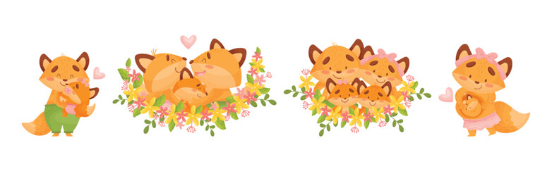 Happy Fox Family with Mother, Father and Little Cub Vector Set