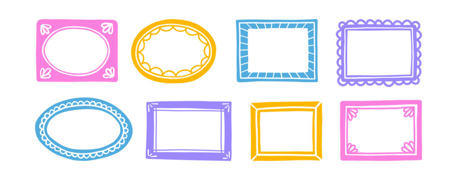 Color simple hand drawn picture frames. Doodle photo frames set. Blank hand drawn square, rectangle and circle. Scribble picture border. Vector doodle illustration isolated on white background.