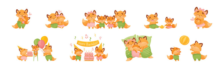 Happy Fox Family with Mother, Father and Little Cub Vector Set