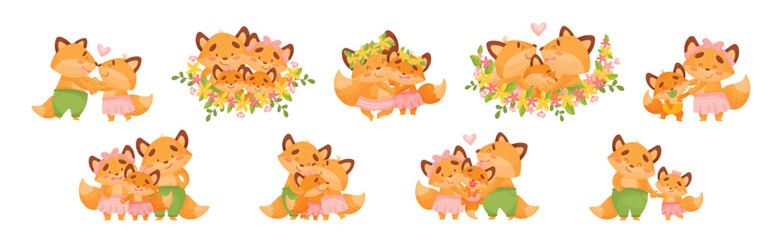 Happy Fox Family with Mother, Father and Little Cub Vector Set