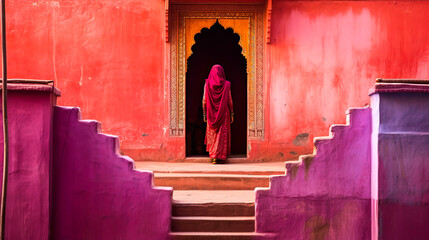 Captivating portrayal of Rajasthani woman in fuchsia sari, enriching the picturesque pink palette of historic Jaipur, reflecting royal architectural allure. Generative AI