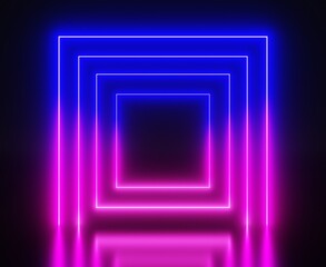 Abstract black room with neon square arches 3d render. Tunnel, virtual portal or frame of glow led lines, nightclub stage, laser light show, futuristic space gate on dark background. 3D illustration