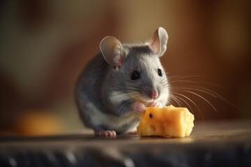 Small cute mouse eating big piece of cheese, close up view. Generative AI