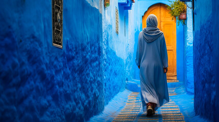 Vibrant exploration of a woman wandering through the picturesque blue streets of Chefchaouen, Morocco - capturing culture, adventure and urban beauty. Generative AI - obrazy, fototapety, plakaty