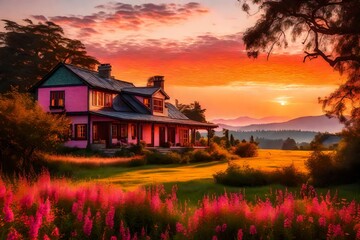 Fototapeta na wymiar Sunset over a house located in a beautiful garden, full of flowers - Generative AI