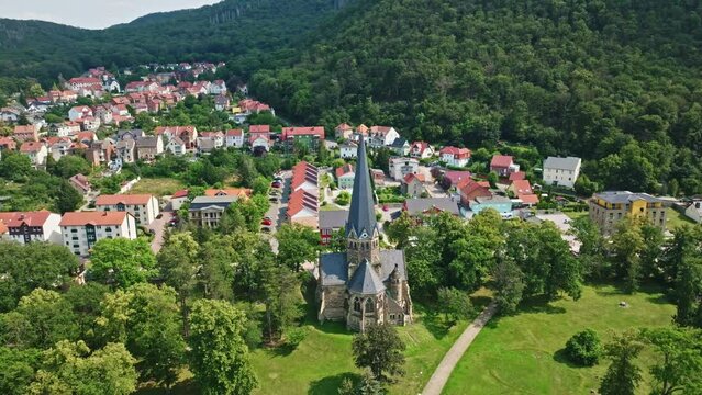 Aerial drone view of St. Petri Kirche ( St. Petri Church ) in thale , Germany