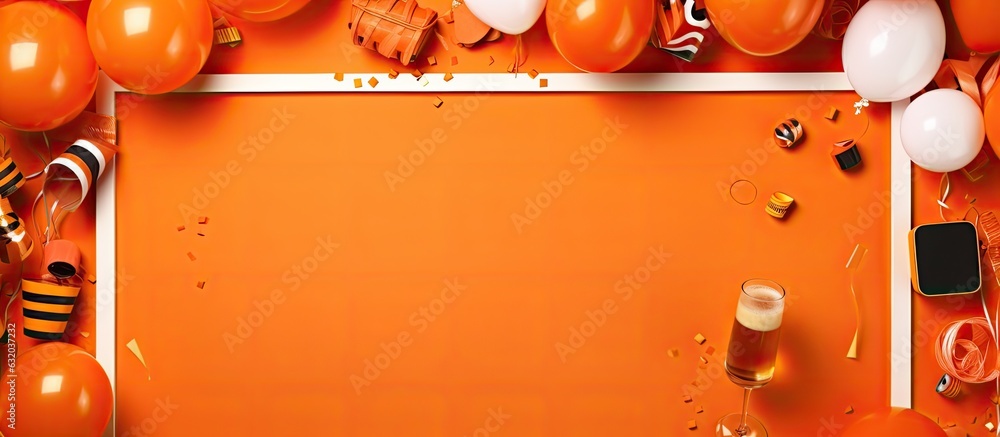Poster a flat lay of a frame filled with various party items and decorations on an orange background, with 