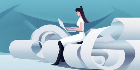 Paperwork. Woman and long document. A metaphor for endless work. Business  illustration, Generative AI