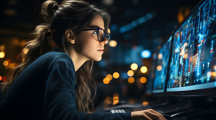 Smart female programer working on Desktop Computer in Data Center System - obrazy, fototapety, plakaty