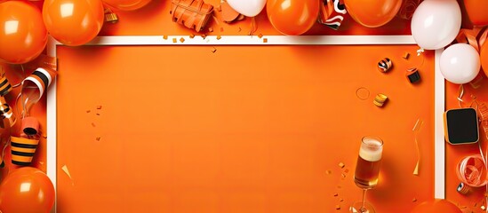 A flat lay of a frame filled with various party items and decorations on an orange background, with room for text. - Powered by Adobe