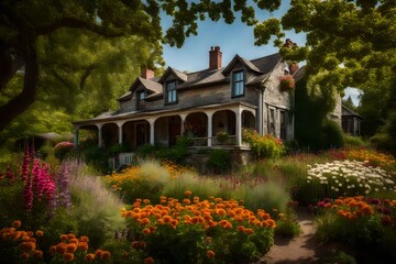 Naklejka premium old beautiful house in the garden, a beautiful path leads to the house - Generative AI