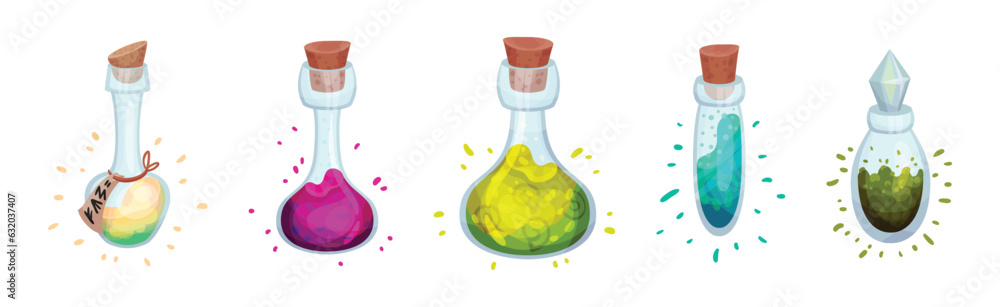 Poster glass bottles and jars with potion corked with bottle cap vector set