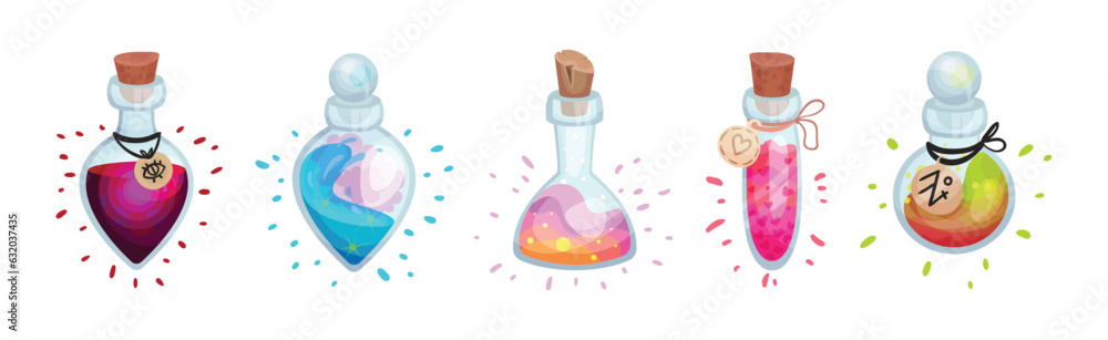 Poster glass bottles and jars with potion corked with bottle cap vector set